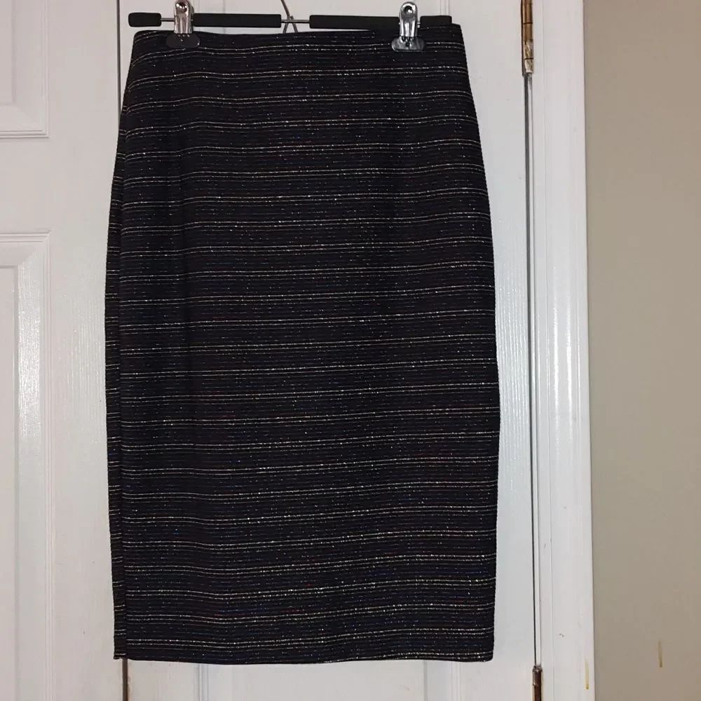 Beige by eci black multicolor metallic stripe stretch holiday skirt Sz M NWOT